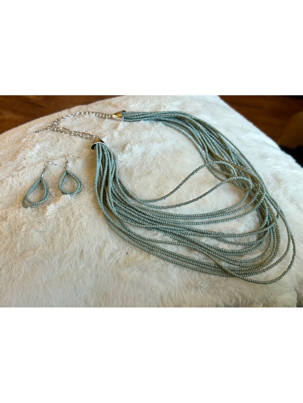 Light Blue Beaded Multi-Strand Necklace and Earrings Set
